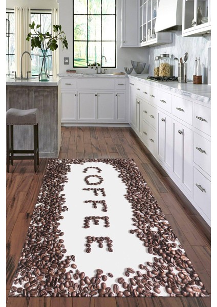 Dijital Baskılı Kaymaz Taban Yıkanabilir Kahve Desenli Modern Mutfak Halısı VHM-HM-564