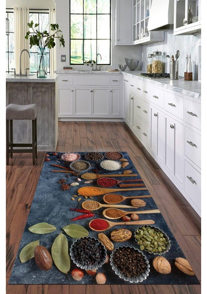 Dijital Baskılı Kaymaz Taban Yıkanabilir Baharat Desenli Modern Mutfak Halısı VHM-HM-595