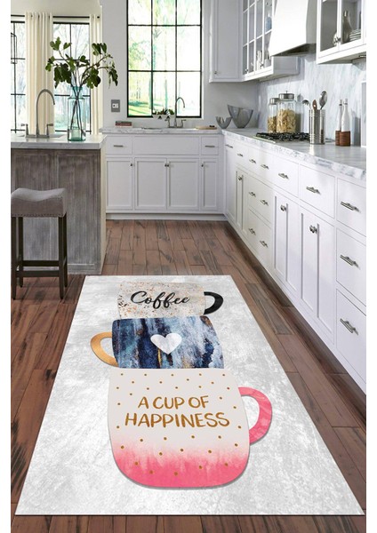 Dijital Baskılı Kaymaz Taban Yıkanabilir Fincan Desenli Modern Mutfak Halısı VHM-HT-1025