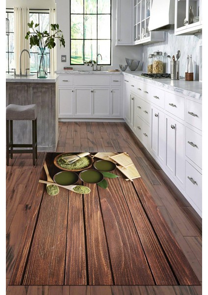 Dijital Baskılı Kaymaz Taban Yıkanabilir Kahve Desenli Modern Mutfak Halısı VHM-HT-1550