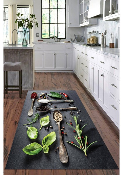 Dijital Baskılı Kaymaz Taban Yıkanabilir Kaşık Desenli Modern Mutfak Halısı VHM-HT-307