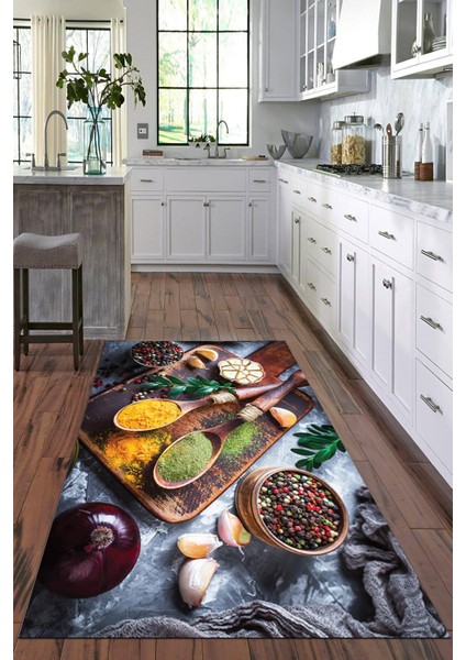 Dijital Baskılı Kaymaz Taban Yıkanabilir Baharat Desenli Modern Mutfak Halısı VHM-HT-1563
