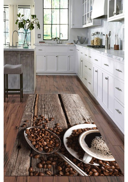 Dijital Baskılı Kaymaz Taban Yıkanabilir Kahve Desenli Modern Mutfak Halısı VHM-HT-308