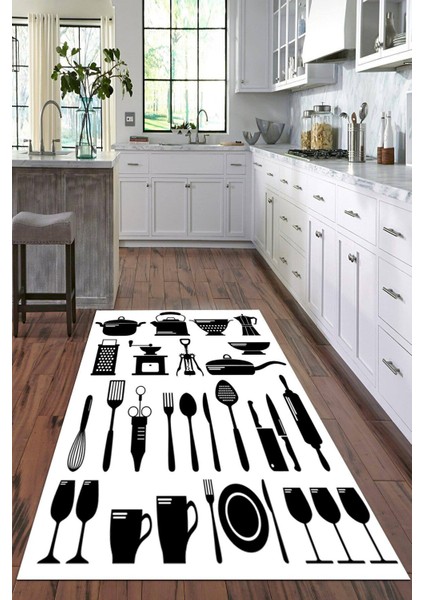 Dijital Baskılı Kaymaz Taban Yıkanabilir Kaşık Desenli Modern Mutfak Halısı Vhm-Sd-32