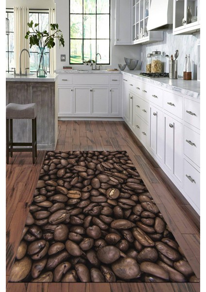 Dijital Baskılı Kaymaz Taban Yıkanabilir Kahve Desenli Modern Mutfak Halısı VHM-SD-181