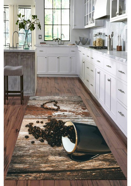 Dijital Baskılı Kaymaz Taban Yıkanabilir Kahve Desenli Modern Mutfak Halısı VHM-SD-178