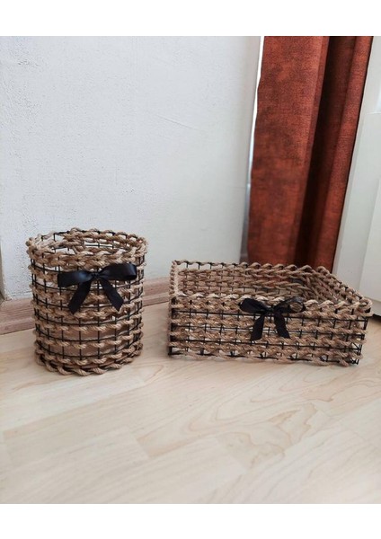 Halat-Tel Hasır Sepet Kare ve Yuvarlak Mini 2li Set