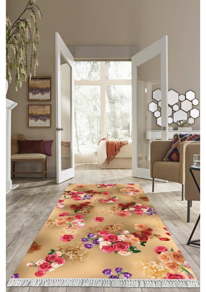 Dijital Baskılı Kaymaz Taban Yıkanabilir Çiçekli Salon Halısı Mutfak Halısı Yolluk VH-HS-358