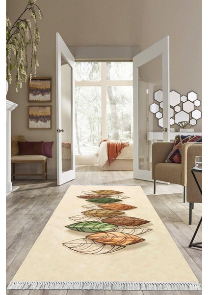 Dijital Baskılı Kaymaz Taban Yıkanabilir Yaprak Desen Salon Halısı Mutfak Halısı Yolluk VH-HS-486