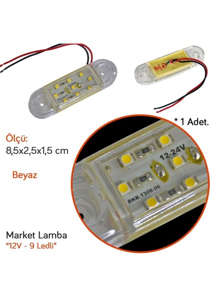 12V Side Marker Lamba 9 Ledli Beyaz 8,5x2,5 cm TAS.018B-12 (2 Li)