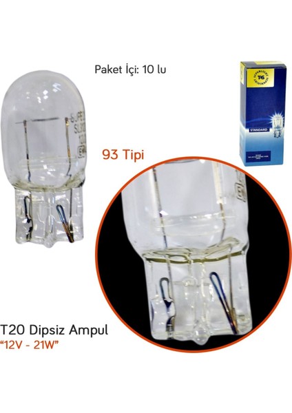 12V T20 Ampul Büyük Dipsiz 21W (93 Tipi) (7505 Md.) SL3120 (10 Lu)