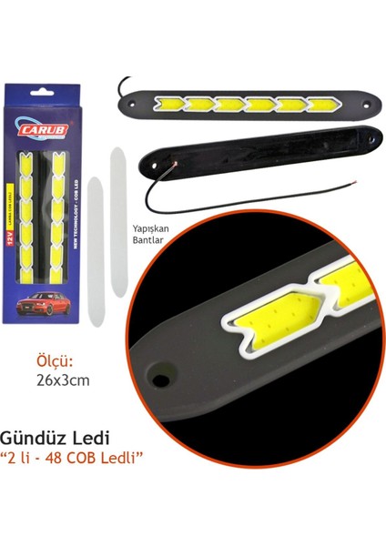 12V Gündüz Lamba Elastik 48 Cob Ledli Ok 2 Li 26X3 cm Beyaz BR4323001