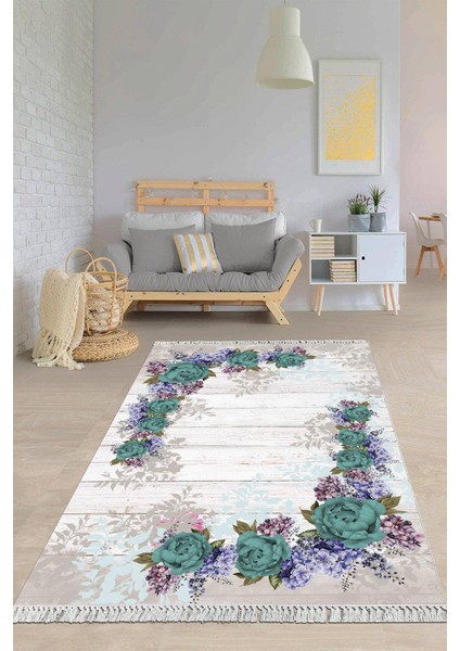 Dijital Baskılı Kaymaz Taban Yıkanabilir Çiçekli Salon Halısı Mutfak Halısı Yolluk VH-HY-985