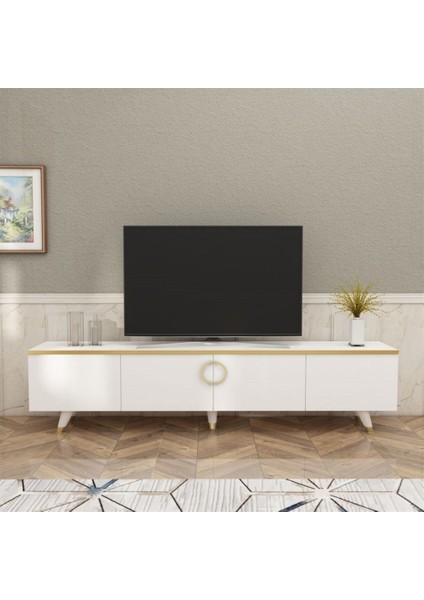 Luxia Tv Sehpası Beyaz-Altın Bant 45X180X31,4CM Dolaplı Kolay Kurulum Çok Amaçlı