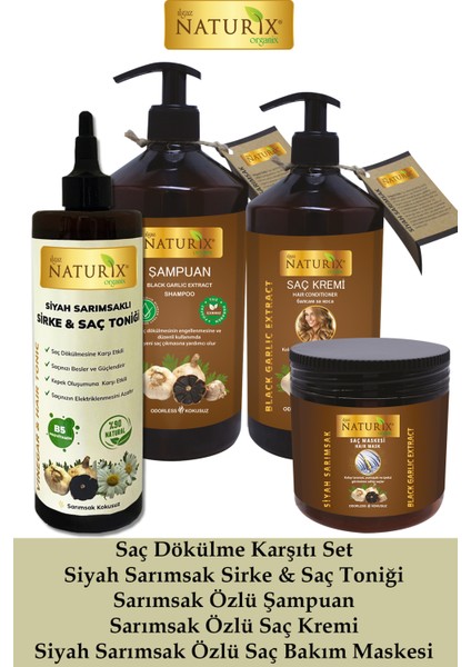 Siyah Sarımsaklı Sirke & Saç Toniği 400 ml + Siyah Sarımsak Şampuan + Saç Kremi + Saç Bakım Maskesi