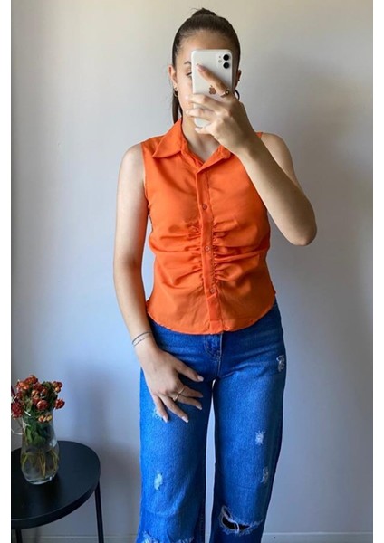 Kısa Kollu Turuncu Crop Gömlek