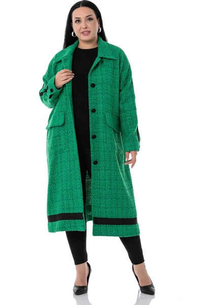 Büyük Beden Şerit Detaylı Kaplama Düğmeli Uzun Astarsız Buklet Yeşil Ceket