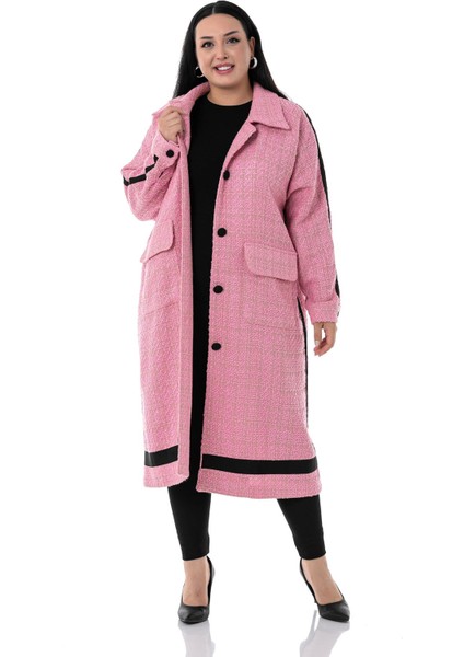 Büyük Beden Şerit Detaylı Kaplama Düğmeli Uzun Astarsız Buklet Pembe Ceket