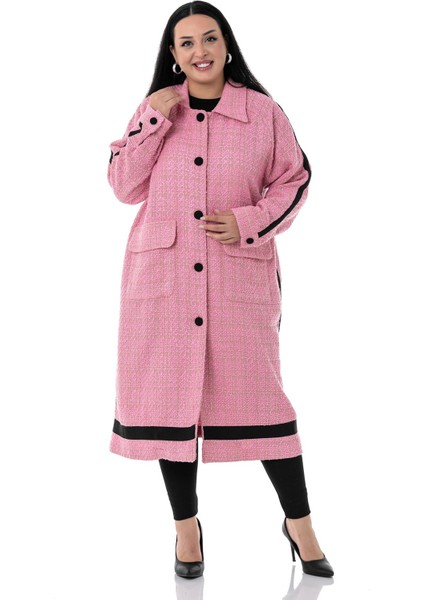 Büyük Beden Şerit Detaylı Kaplama Düğmeli Uzun Astarsız Buklet Pembe Ceket fiyatları