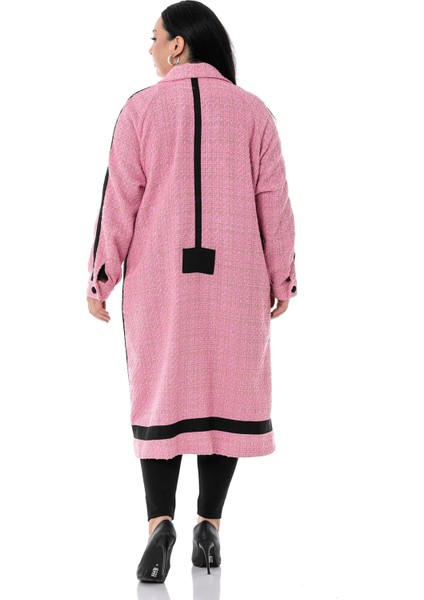 Büyük Beden Şerit Detaylı Kaplama Düğmeli Uzun Astarsız Buklet Pembe Ceket modelleri