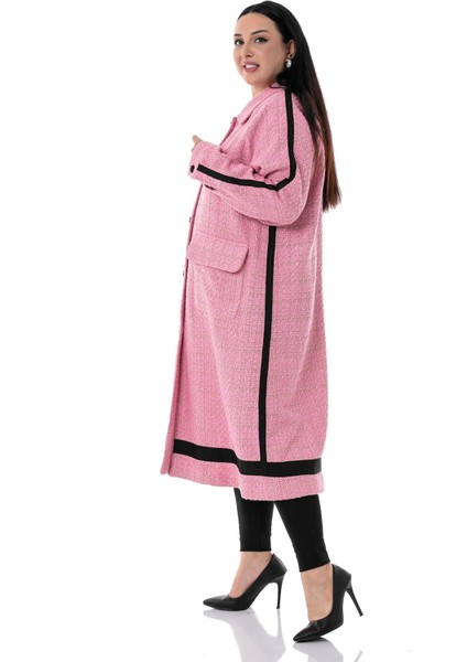 Büyük Beden Şerit Detaylı Kaplama Düğmeli Uzun Astarsız Buklet Pembe Ceket fırsatları