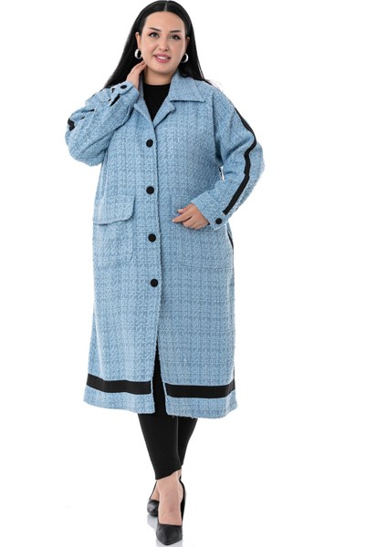 Büyük Beden Şerit Detaylı Kaplama Düğmeli Uzun Astarsız Buklet Mavi Ceket