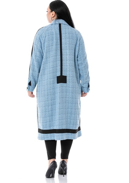 Büyük Beden Şerit Detaylı Kaplama Düğmeli Uzun Astarsız Buklet Mavi Ceket modelleri