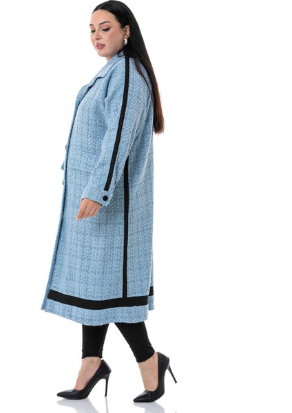 Büyük Beden Şerit Detaylı Kaplama Düğmeli Uzun Astarsız Buklet Mavi Ceket fırsatları