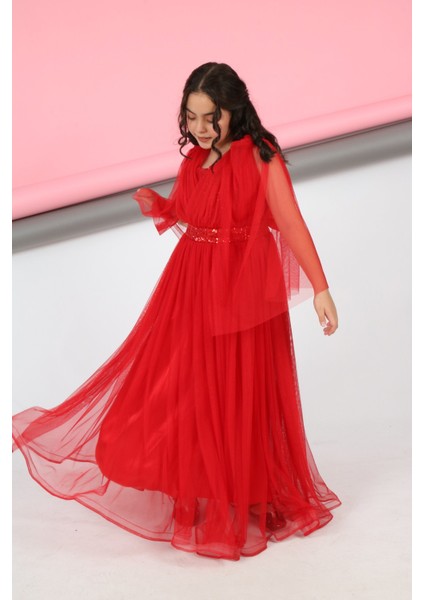 Asortik Kids Kız Çocuk Beli Pul Işleme Sırt Lastikli Dantel Kol Detay Abiye Mezuniyet Düğün Balo Elbise-ABY-0028 fiyatları