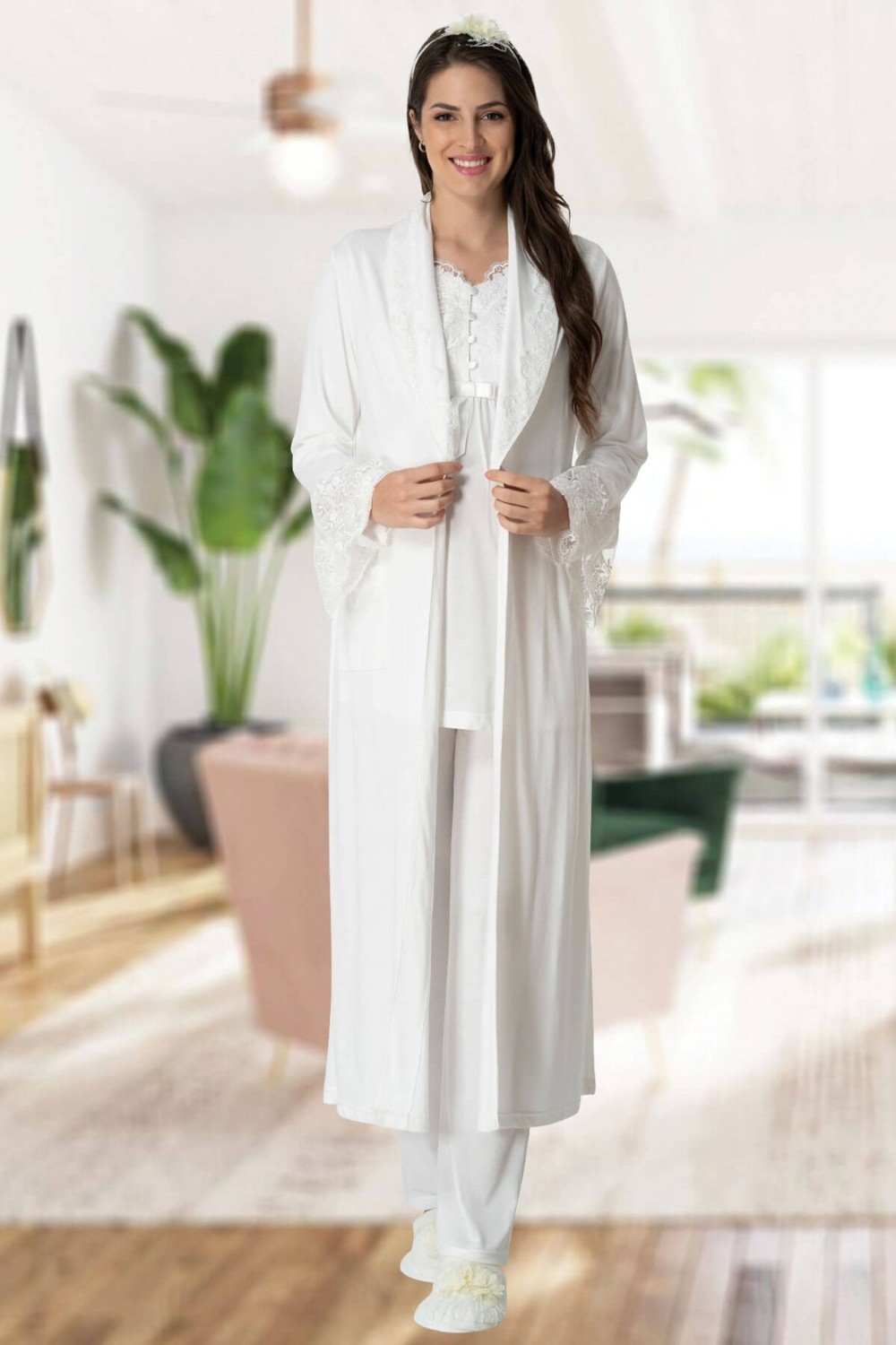 Mecit Pijama Mecit 1924 Ekru Dört Parça Hamile Lohusa Set görsel 5