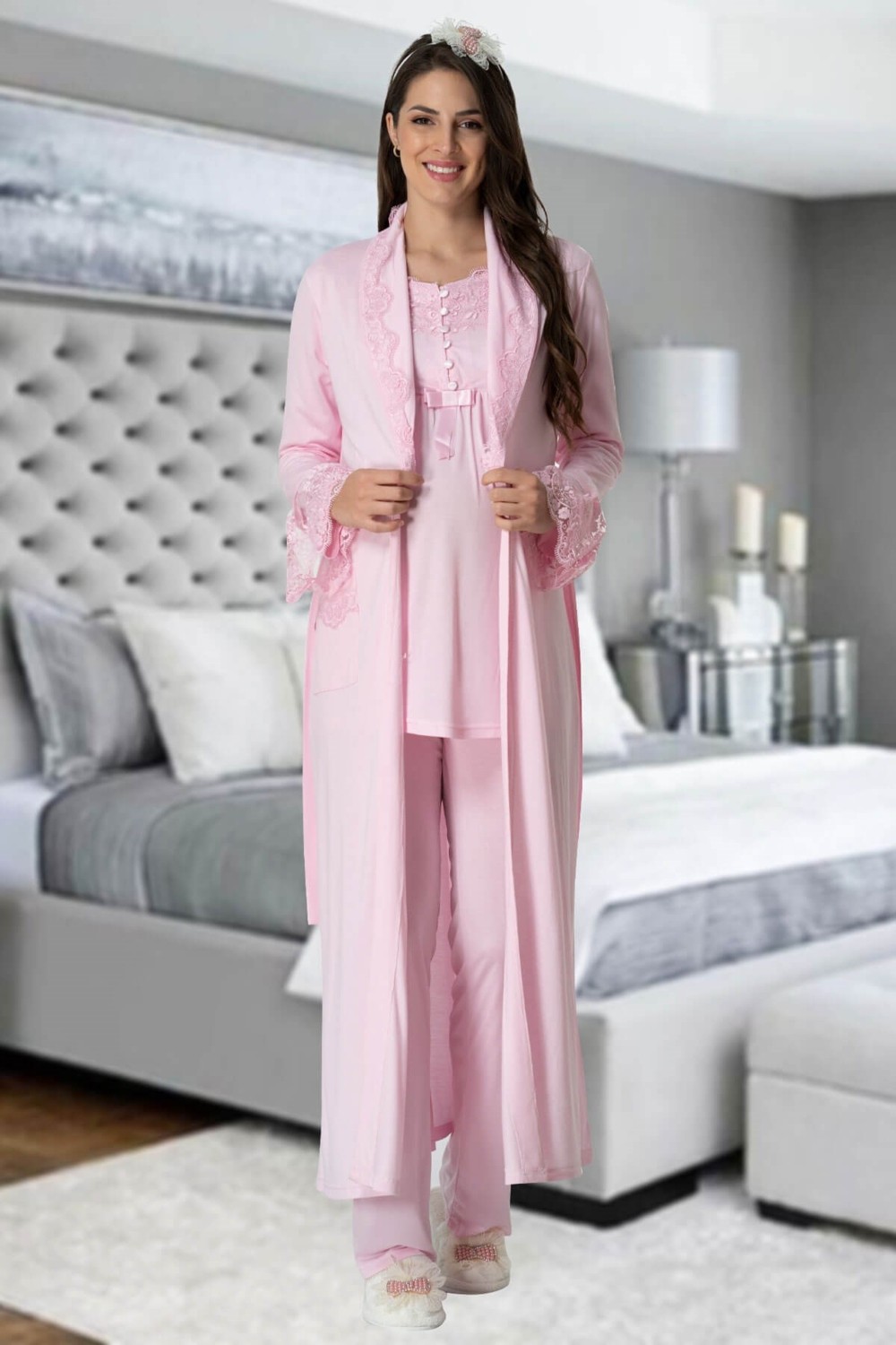 Mecit Pijama Mecit 1924 Pembe Dört Parça Hamile Lohusa Set görsel 5