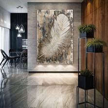 SML Tablo Dokusal Beyaz Kuş Tüyü Kahverengi Dekor Kanvas Tablo
