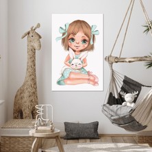 SML Tablo Mavi Yeşil Kurdelalı Kucağında Tavşan Tutan Kız Çizgi Film Karakteri Çocuk Odası Dekor Kanvas Tablo