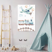 SML Tablo Uçak Renkli Tren Bulutlar Çizgi Film Karakteri Çocuk Odası Dekor Kanvas Tablo
