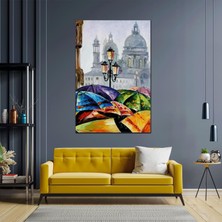 SML Tablo Sokak Lambaları Altındaki Renkli Şemsiyeler Romantik Şehir Manzarası Kanvas Tablo