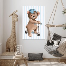 SML Tablo Scooter Süren Mavi Şapkalı Ayı Çizgi Film Karakteri Çocuk Odası Dekor Kanvas Tablo