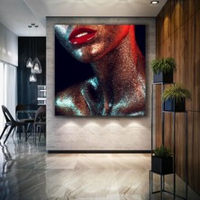 SML Tablo Kırmızı Rujlu Dudak Vücudu Simli Kadın Makyaj Dekor Kanvas Tablo