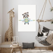 SML Tablo Bulutlar Uçak Yavru Rakun Çizgi Film Karakteri Çocuk Odası Dekor Kanvas Tablo