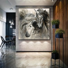 SML Tablo Beyaz At Çifti Aşk Asalet Hayvan Horse Dekor Kanvas Tablo