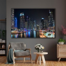 SML Tablo Gece Şehir Işıkları Altında Dubai Manzarası City Göl Kanvas Tablo