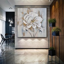 SML Tablo Siyah Dallı Beyaz Yapraklı Altın Gold Çiçek Yağlı Boya Efetli Doğa Kanvas Tablo