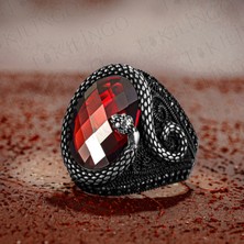 Takılingo 925 Ayar Gümüş Kırmızı Zirkon Taşlı Yılan Motifli Erkek Yüzük
