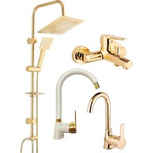 Armilla Armatür Gold Altın Kare Robot Seti Gold Banyo Gold Lavabo Mutfak Bataryası Musluğu Çeşmesi 4'lü Kare Robot Gold Set Gold