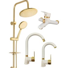 Armilla Armatür Gold Altın Yuvarlak Robot Seti Beyaz Gold Banyo Lavabo Mutfak Bataryası Musluğu Çeşmesi 4'lü Set Lüx Gold Detay