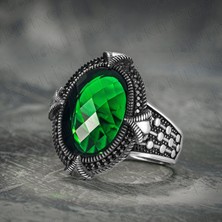 Takılingo 925 Ayar Gümüş Oval Yeşil Zirkon Taşlı Usta Işi Erkek Yüzük