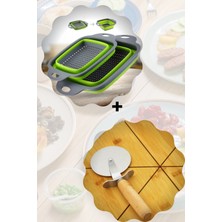 Katlanabilir Kare Süzgeç + Bambu Saplı Pizza ve Hamur Kesici Rulet