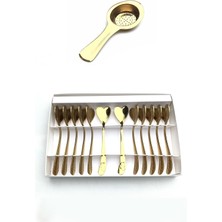 Gold Paslanmaz Çelik Kalpli Çay Kaşığı ve Gold Çay Süzgeci Seti