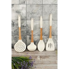 Shop 4 Parça Beyaz Bambu Saplı Silikon Mutfak Servis Spatula Kaşık Kevgir Kepçe Seti