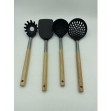 Kepçe Seti, Spatula, Kevgir Kaşık, Makarna Kepçesi Bambu Çelik Saplı Simli Siyah 4 Parçalı Set