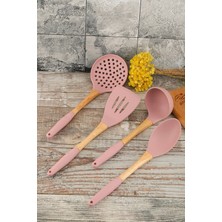Shop 4 Parça Pembe Bambu Saplı Silikon Mutfak Servis Spatula Kaşık Kevgir Kepçe Seti